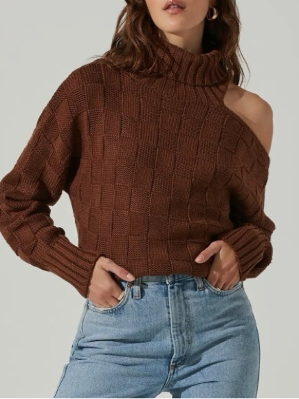 ASTR Brown Cold-Shoulder Turtleneck Sweater